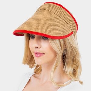 Red Trimmed Brim Straw Visor Womens Sun Hat Cap Cute Statement Accessory